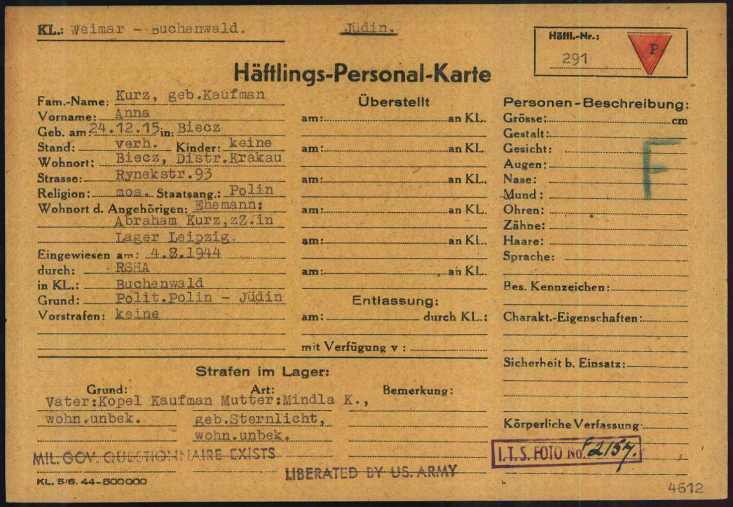 Karta obozowa Hani Kurz